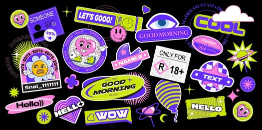 sticker set in y2k retro style. vectors shape with smiley faces, text, cartoon comic label patches in bright color. resource for social media, banners, posters. illustration of 90s graphic design.