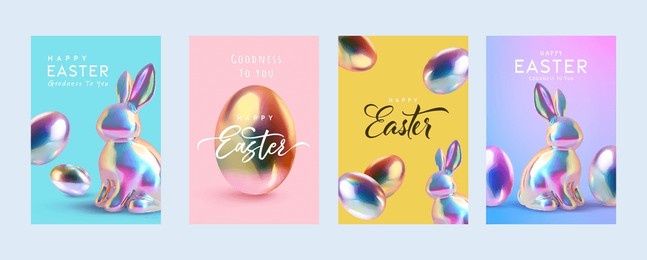 easter greeting cards,poster or banner template with rabbit and easter eggs in gradient metallic holographic style.greetings and presents for easter day.promotion and shopping template for easter