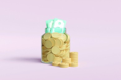 3d rendered illustration of financial concept of safe money saving with jar with gold coins, dollar and banknotes. for business, profit, assets, wealth, future