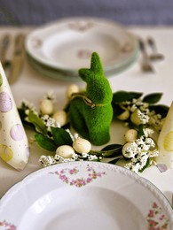 at easter, we lay out the festive service and festively decorate the table. we can use a spring wreath with eggs and an easter bunny. we decorate the table in a yellow-green color.