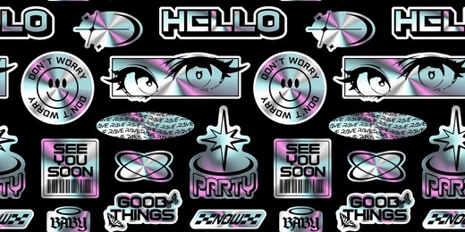 trendy holographic y2k sticker seamless pattern. retro 2000s text quote label background. iridescent metallic wallpaper with love heart, anime  cartoon and party message. gen z cyber style print.