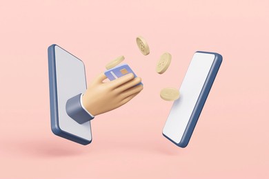 3d rendered illustration of financial concept depicting debit card payment via mobile phone or face-to-face online transaction with businessman hand holding card with flying dollar coins.