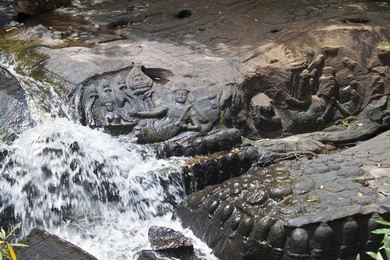 riverbed carvings at kbal spean in angkor temple area, cambodia