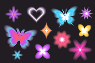 aura butterfly y2k futuristic aesthetic figure collection, neon abstract blurry shapes isolated on dark background.