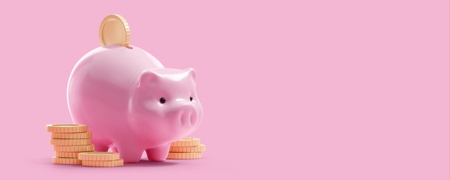 close-up image putting coins in pink piggy bank for account save money. planning step up, saving money for future plan, retirement fund. business investment-finance accounting concept. 3d illustration