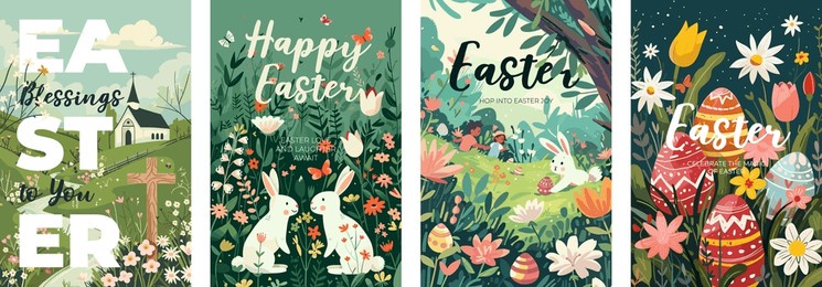 happy easter day holiday creative poster set. colorful eggs hunt and cute rabbit and christian church. traditional spring religious celebration greeting card. vector modern art drawing festive bunny