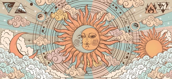 sun and moon with face, color vintage mystical astrology poster of the structure of the universe, tarot banner, linear retro drawing of the zodiac, horoscope. vector illustration.