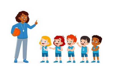 young teacher give lesson to children basketball team