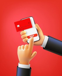 man using smartphone to pay via internet with the card. 3d vector illustration

