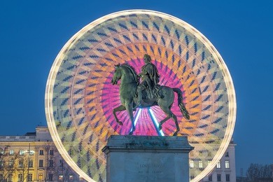 place bellecour statue of king louis xiv by night, lyon france 