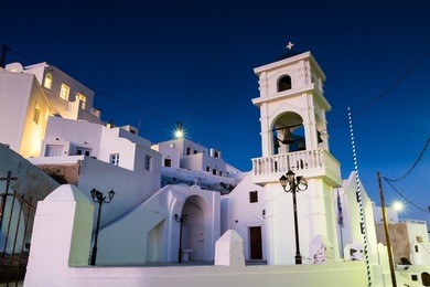 bell tower at twilight, imerovigli, santorini, greece