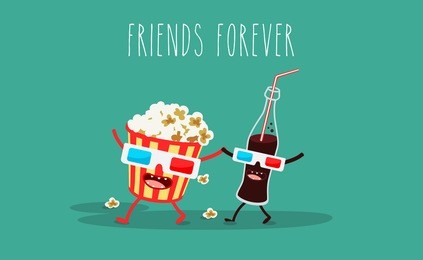 vector cartoon. fast food. friends forever. popcorn, cola, 3d glasses
