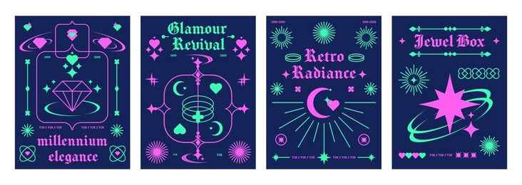 minimalistic poster layout in y2k style with bright neon colors simple elements and icons on dark blue background. vector set of banner design template in retro rave aesthetic with geometric shapes.