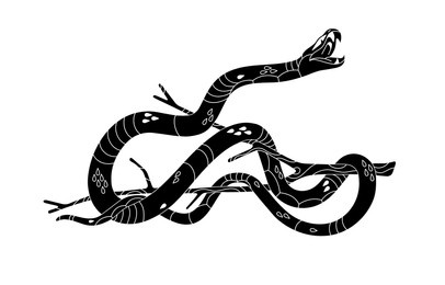attack snake silhouette. black slender viper on tree line art. monochrome patterned serpent. angry exotic reptile with open mouth on branch. flat isolated vector illustration on white background