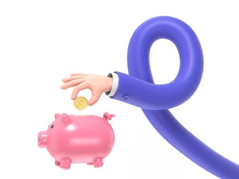 cartoon gesture icon mockup.3d illustration saving money in piggy bank, 3d rendering on white background.long arms concept.
