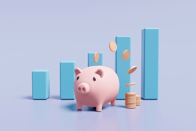 3d rendered illustration of a financial concept depicting highly developed savings, decorated with a piggy bank with coins and graphs. for business success