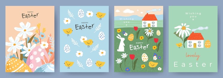 happy easter set of cute greeting cards, posters, holiday covers or banners. trendy design with typography, hand painted flowers, plants, dots, eggs, easter bunny and chick. modern art style templates