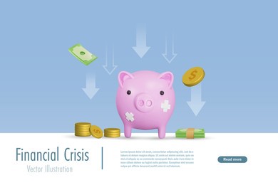 financial problem and crisis. sick piggy bank with drop down graph represent money and investment lost. 3d vector created from graphic software.