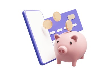 3d rendered illustration of financial concept depicting savings and online deposits, decorated with piggy bank icon with coins and debit card with mobile phone isolated on white background.