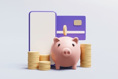 3d rendered illustration of a financial concept depicting savings and online deposits, decorated with a piggy bank with coins and a debit card with a mobile phone. for business, success, banking