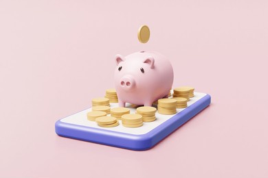 3d rendered illustration of the concept of online transactions via phone with increasing income including saving money and development with piggy bank with phone and coins.