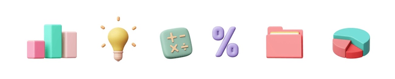 3d object bar chart, pie chart, light bulb, percentage sign, file folder on white background. business finance and profit successful goal marketing strategy. clipping path. 3d illustration.