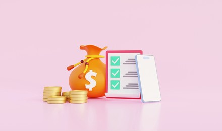 paying taxes online and business tax concept. money bag, smartphone and tax form on pink background. 3d illustration