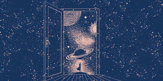 an open door to outer space with a girl standing with her back and flying planets. concept illustration of imagination, mysticism and astrology, science. vector surreal banner.