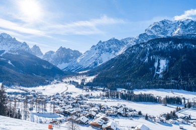 winter landscape with snow covered dolomites in kronplatz, italy