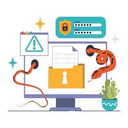 computer worm threat depiction. sinister malware sneaks into the system, bypassing security. data compromise, hacking alert. protect digital assets. flat vector illustration