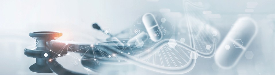 medical technology, genetics science, pharmaceutical research, stethoscope with dna and medicine, health technology icons. digital healthcare network connection. medical and pharmaceutical background
