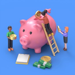 people characters collecting gold coins in piggy bank. women and man manage budget and making savings. saving money and economy concept. flat isometric 3d illustration.
