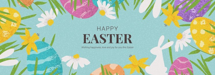 happy easter background. creative easter vector illustration with hand drawn eggs, flowers, grass, bunny. trendy banner for design of party, flyer, event, celebration, ad, branding, cover, card, sale.