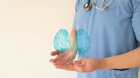 world kidney day. nephrologist doctor check up kidney organ hologram. medical technology for diagnose kidney disease. renal transplant, organ donation concept. nephrology.
