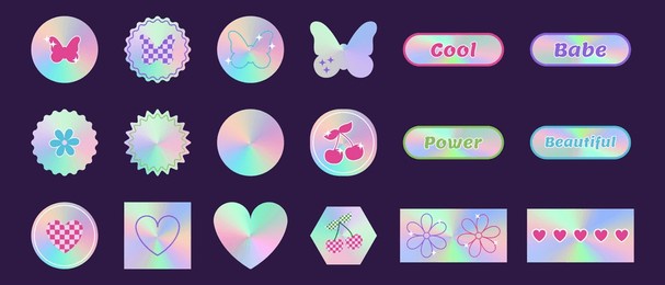 set of y2k holographic stickers with iridescent foil effect. symbols of 2000s gradient butterfly, flower, heart, cherry