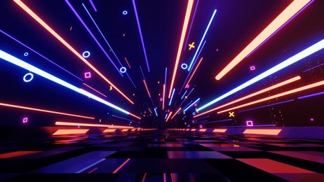 futuristic technology neon light background, empty space with reflection light on floor scene, internet data network connection, abstract virtual reality, 3d render.