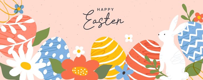 happy easter banner. trendy modern easter design with hand of drawn eggs and spring flowers, bunny. horizontal poster, greeting card, web header.