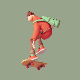 young tall cute excited funny smiling сasual asian active guy wears fashion clothes red hoodie, brown jeans, green backpack jump up  floats in air on skateboard have fun joy. 3d render pastel colors.