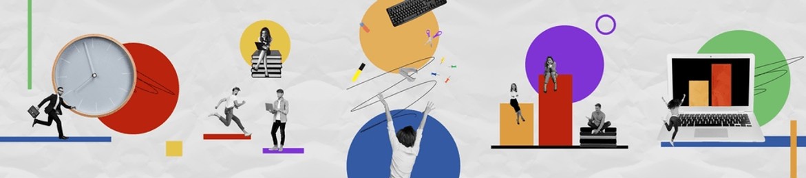 panoramic creative collage young businesspeople freelance remote workers time clock arrangement management hurry runner entrepreneur