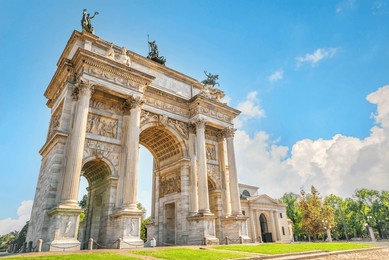 arch of peace in milan at sunny summer day, italy