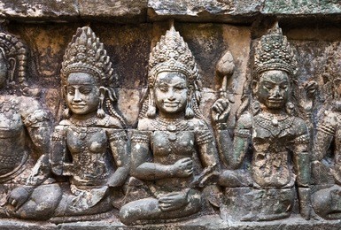 the hidden wall, terrace of the leper king, carvings of nagas and deities of the underworld, angkor wat, siem reap. cambodia