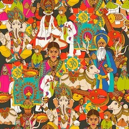 indian cultural holy animals masks  traditional clothes and music instruments  seamless  wrap paper design abstract vector illustration