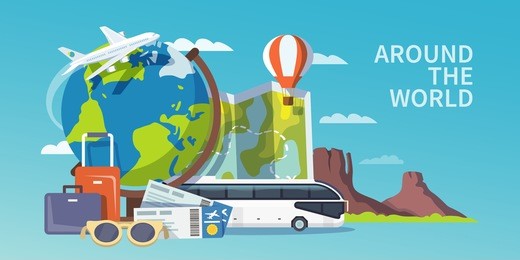 colorful flat vector travel banner. quality design illustrations, elements and concept. advertising banner. around the world.