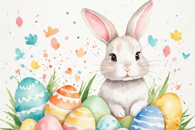 happy easter, watercolor vector of cute easter rabbit, eggs, and spring flowers. spring pastel colors illustration.
