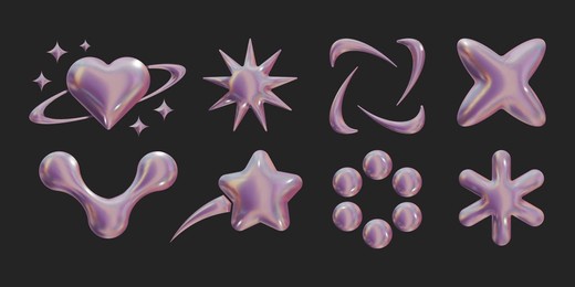 set of y2k geometric 3d render holographic shapes trendy retro futuristic design elements, infographic shapes. modern concept with symbols and objects, star, heart vector illustration for ui and ux.