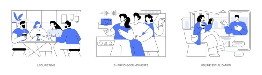 students socialization isolated cartoon vector illustrations set. happy friends spend leisure time in coffee shop, sharing good moments, making selfie, young people socialize online vector cartoon.