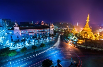 night view of yangon cityscape with famous buddhist shrine sule pagoda. myanmar (burma)