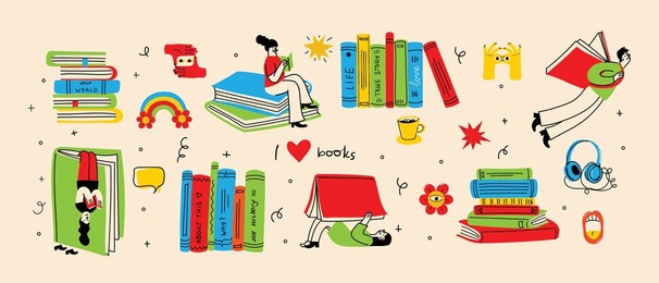 world book day graphics - book week events. modern flat vector concept illustration of reading people, young man reading book flying in the sky in retro style