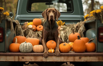 a red dog chills in the back of a pickup truck filled with pumpkins and fall foliage.
