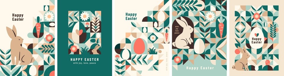 happy easter vector background. modern geometric minimal abstract style with rabbits, geometric elements, eggs, plants, flowers. cute spring holiday minimalist concept for poster, printing, invitation